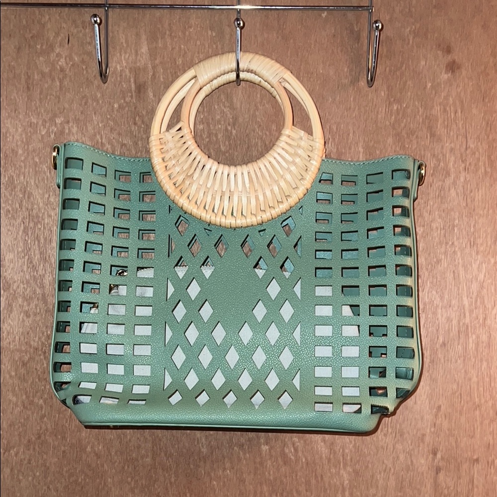 Green Woven Handle Tote Bag